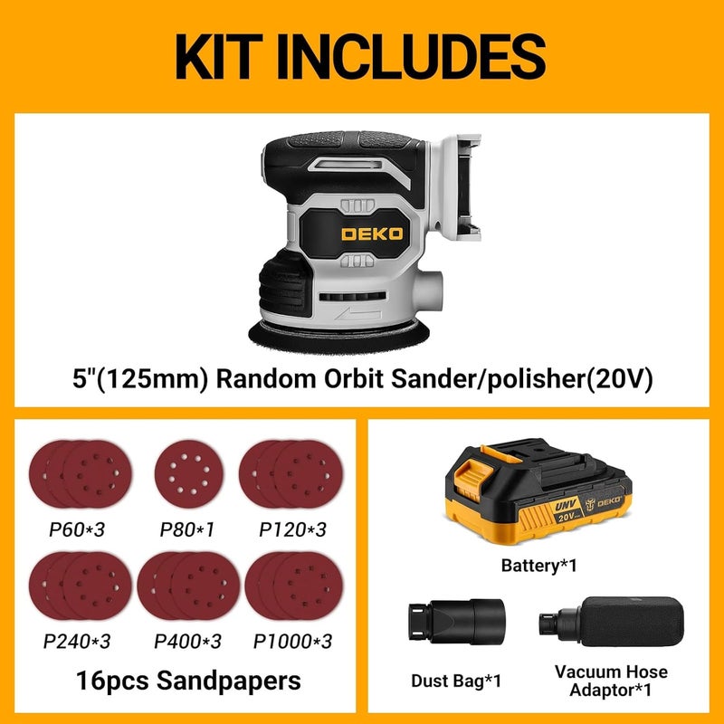 DEKOPRO Cordless Orbital Sander: 20V Random Orbit Sander, 5inch Power Palm Sander Electric Sanders Tool with Battery, Charger, Dust Collector, 16 Pcs Sanding Discs for Woodwroking - Image 3